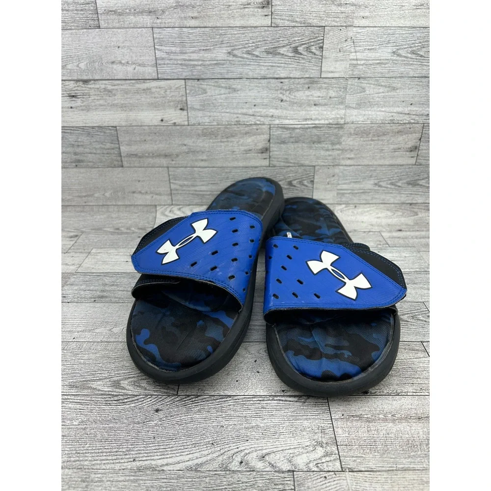 Under Armour Ignite Camo V Men Blue Black Slides Sandals 1266360-003 Size 13